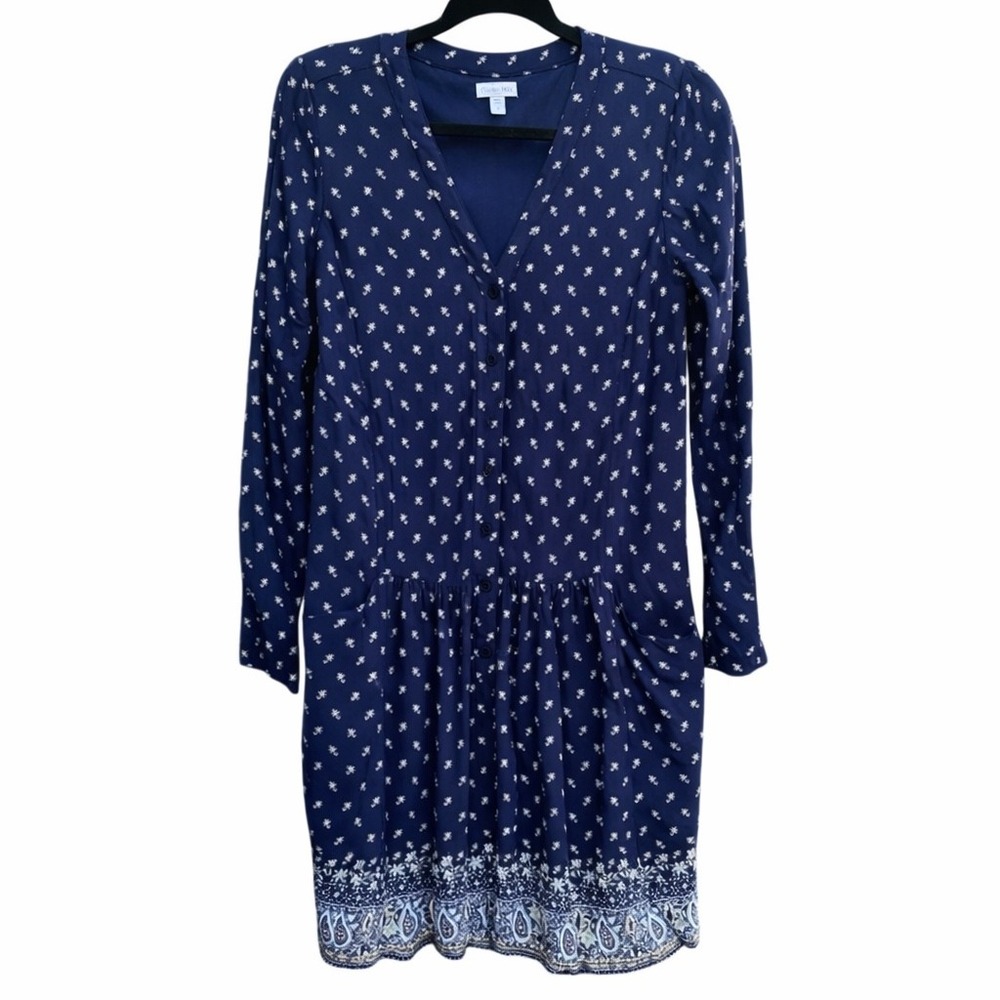 Garnet Hill Womens 8 Long Sleeve‎ Dress Navy Blue Yellow Floral Paisley Boho